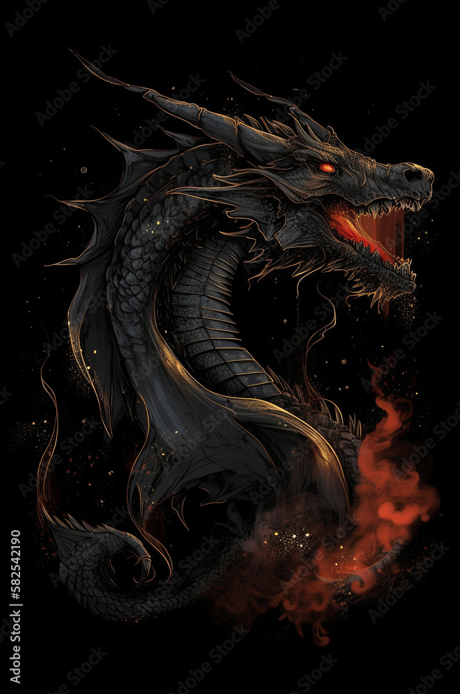 Black dragon portrait with hints of orange flame on a dark background. Created with generative AI.