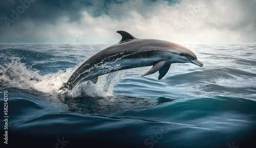 Dolphin swims over the waters of the ocean. Generative AI.