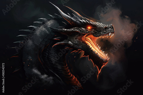 Black dragon ready to breath fire shrouded in smoke on a dark background. Created with generative AI.