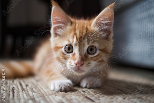 Cute fluffy ginger kitten plays on the rug. Generative AI
