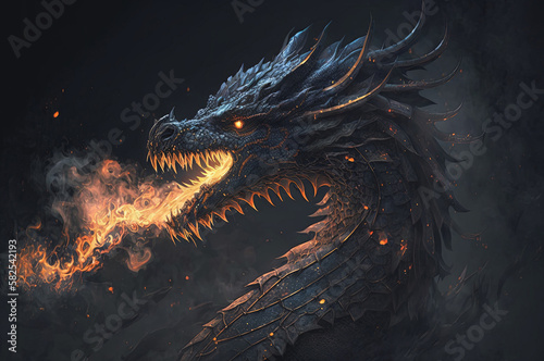 Black dragon with long scaly neck breathing golden fire shrouded in dark background. Created with generative AI. © Mike Schiano