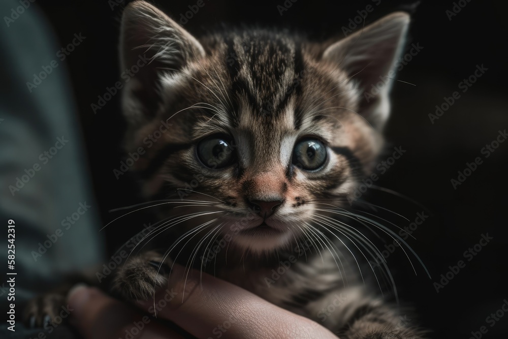 a striped kitten in your hand. Generative AI a striped kitten in your hand. Generative AI