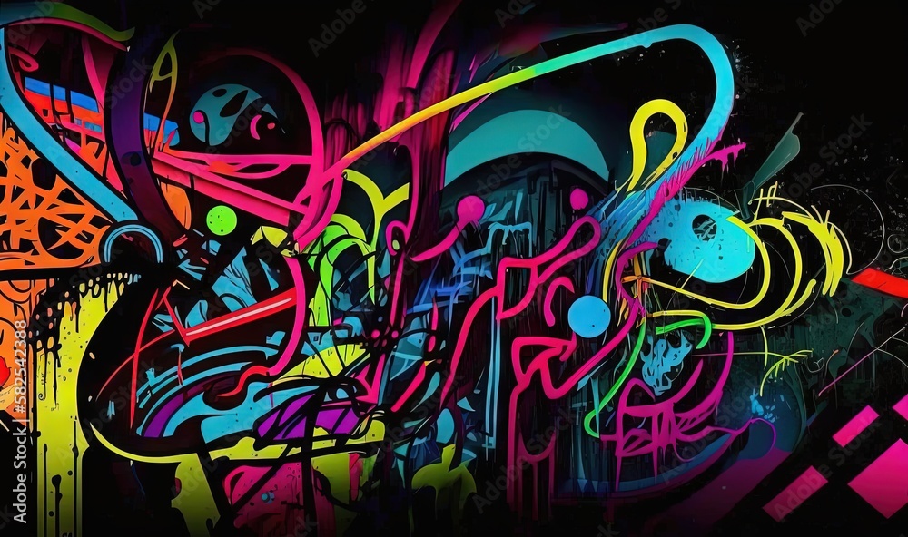  a wall with a lot of colorful graffiti on it's side and a skull on the side of the wall with a black background.  generative ai