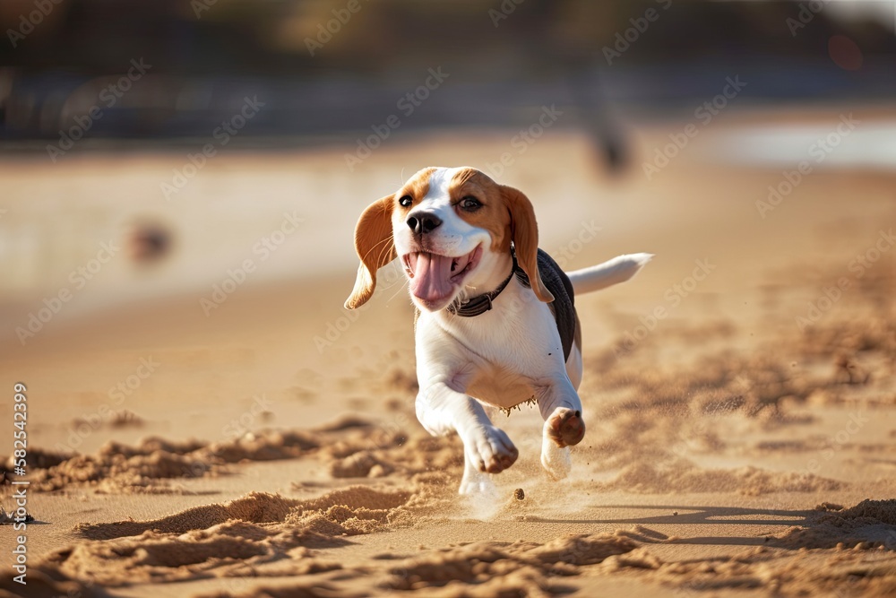 a puppy beagle having fun on the sand. Generative AI