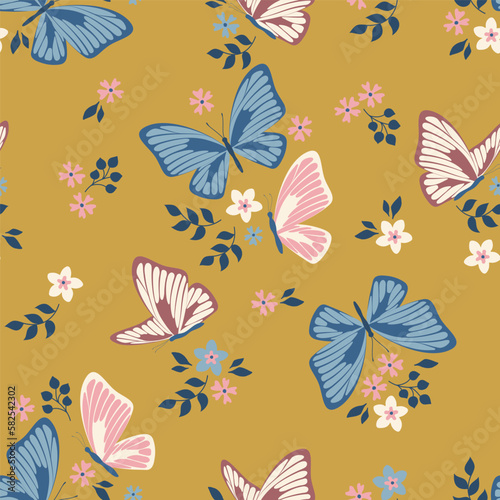 Spring theme seamless pattern with butterflies and flowers. Vector illustration. © Jellicle