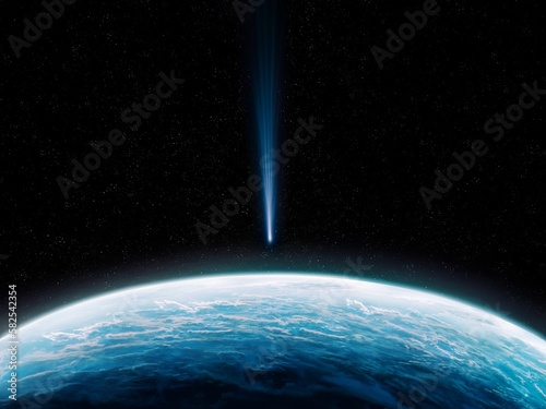 Fototapeta Naklejka Na Ścianę i Meble -  Comet is approaching the Earth. Close-up of blue planet with meteorite. Possibility of impact with a celestial body.
