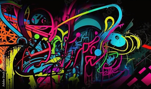  a wall with a lot of colorful graffiti on it s side and a skull on the side of the wall with a black background.  generative ai