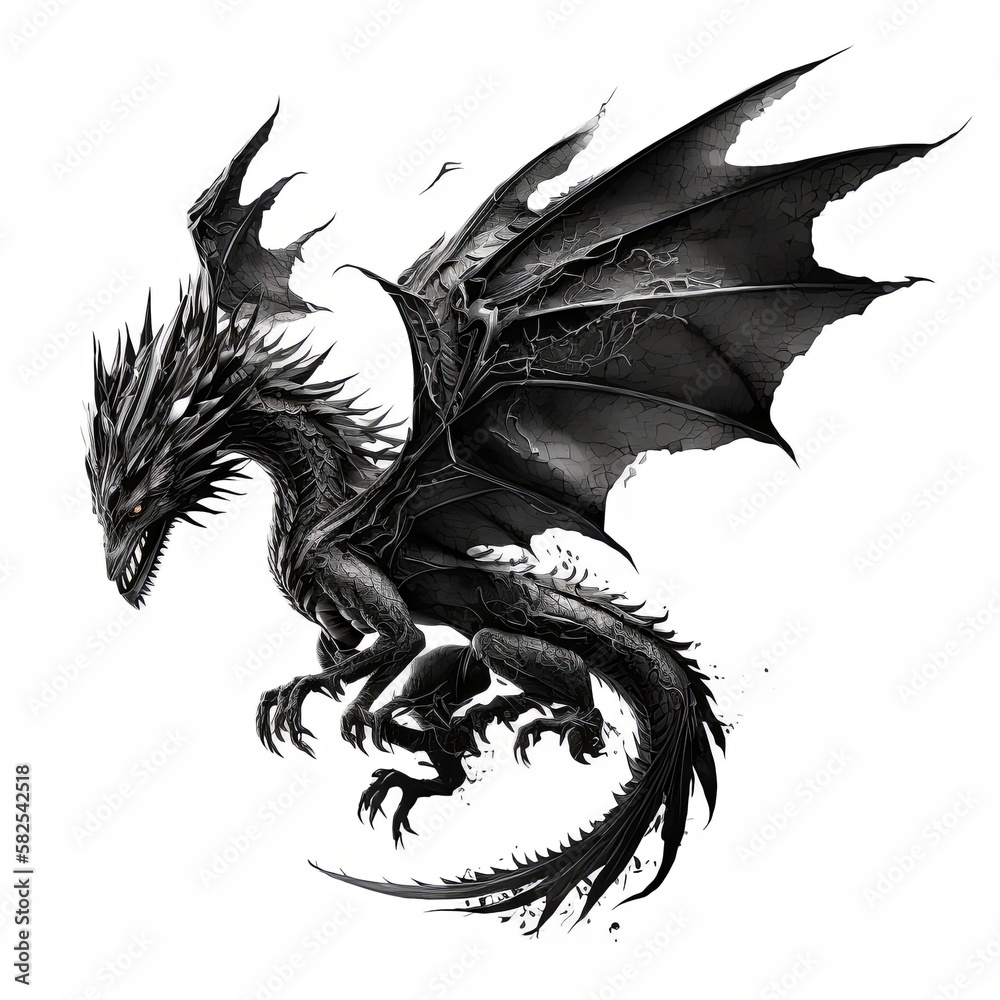 Naklejka premium Black dragon with wings spread isolated on white background. Square canvas.