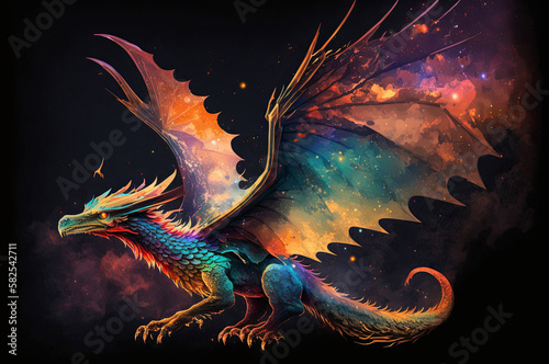 A dragon with glowing rainbow scales soaring through the sky.