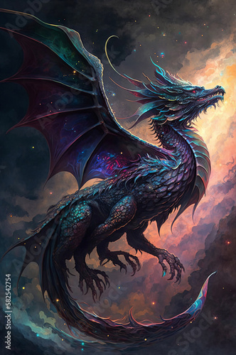 A dragon with prismatic scales flying through the sky. Illustration in portrait orientation. © Mike Schiano