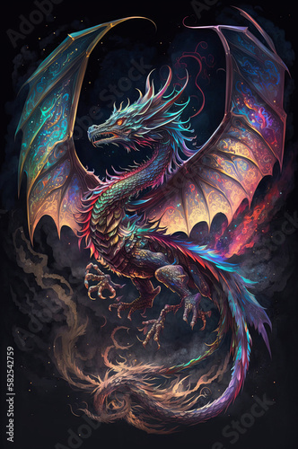 A dragon with prismatic scales, many clawed hands, and starry wings. Illustration in portrait orientation.