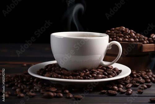 Hot coffee in a white coffee cup with many coffee beans on the table created with generative AI