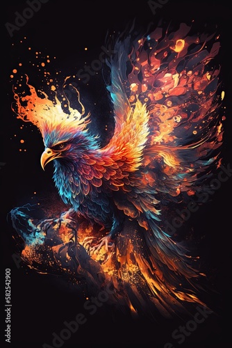 A mythical phoenix in the process of bursting into flames. Fire smoldering wings and feathers on portrait black background in a dark fantasy illustration. © Mike Schiano