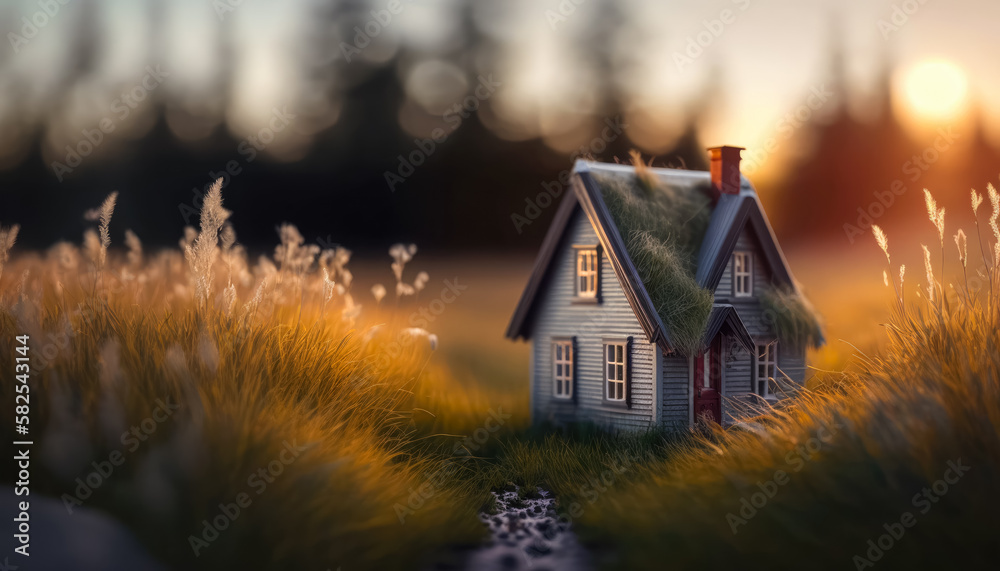 Miniature house in the grass at sunset. Generative AI.