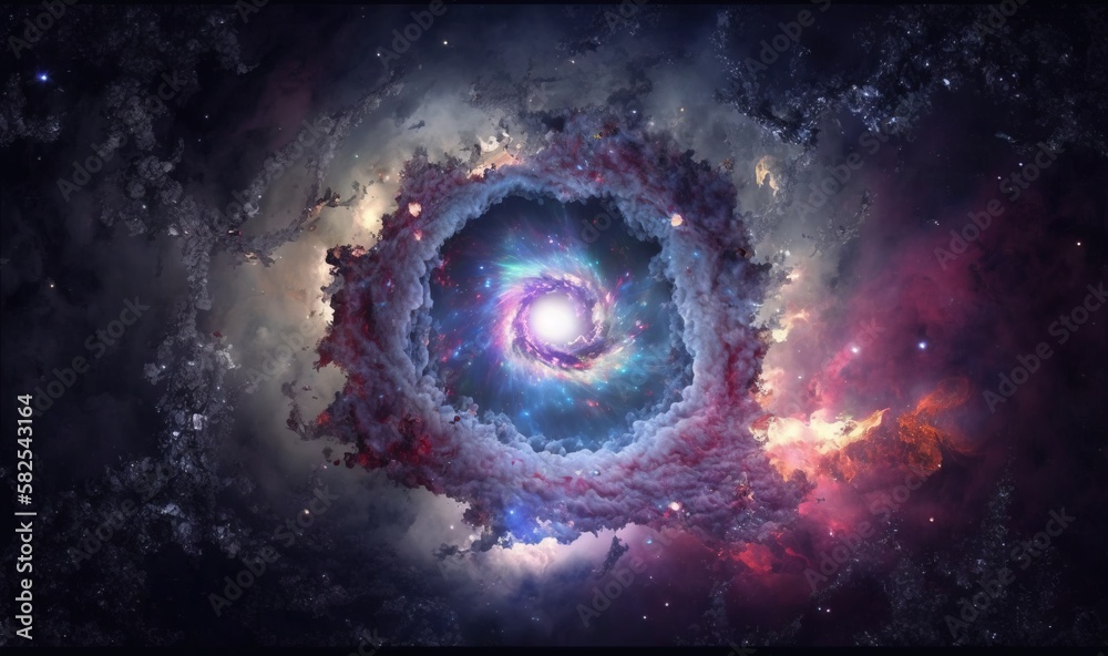  a very colorful spiral shaped object in the middle of a space filled with stars and clouds, with a blue center surrounded by smaller stars.  generative ai