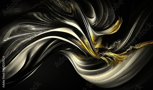  a black and white abstract painting with gold and silver accents on a black background with a black background and a white and gold swirl in the middle.  generative ai