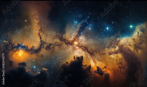  a very large star cluster in the middle of a night sky with stars and clouds in the foreground and a bright star cluster in the middle of the background. generative ai