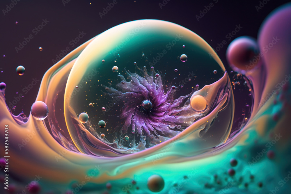 Transparent water bubbles and colorful galaxy, abstract background, Generative AI