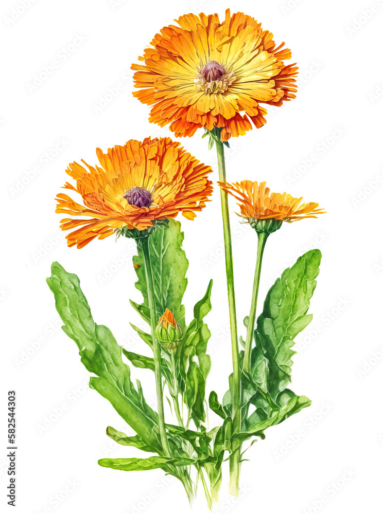 Calendula flowers isolated on white background. Generative AI realistic watercolour illustration Calendula flowers isolated on white background. Generative AI realistic watercolour illustration