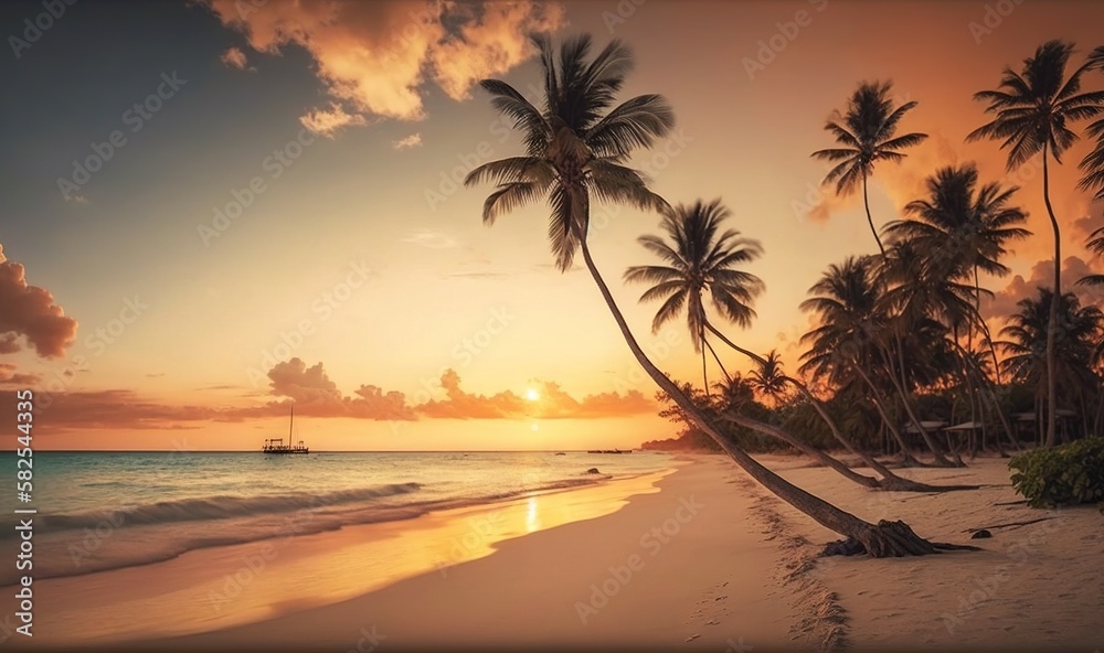  a beach with palm trees and a boat in the water at sunset with a boat in the water at the end of the beach and a sunset.  generative ai