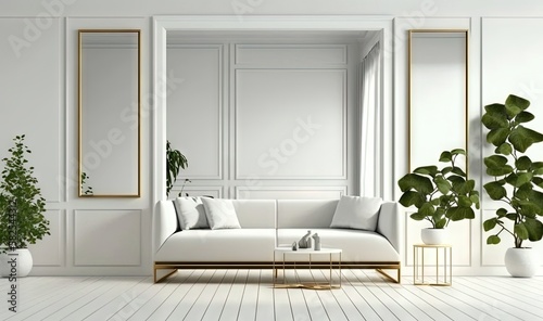  a living room with a white couch and a plant in the corner of the room and a mirror on the wall above the couch and a white couch.  generative ai