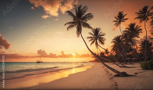  a beach with palm trees and a boat in the water at sunset with a boat in the water at the end of the beach and a sunset. generative ai