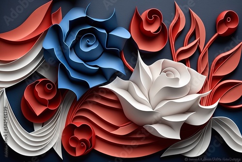 Red White & Blue abstract floral background paper art illustration for memorial day. United States of America Patriotic imagery. 4th of July. Veterans Day. France Flag.