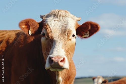 a sweet and serene image of a red cow with a white blaze, a pink nose, and a peaceful and pleasant look. Generative AI © AkuAku