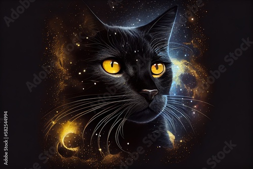 Funny cute black cat with thick fur closeup portrait with yellow magic sparkles