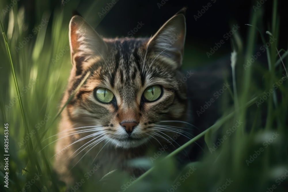 Cat in the grass in a portrait. Generative AI