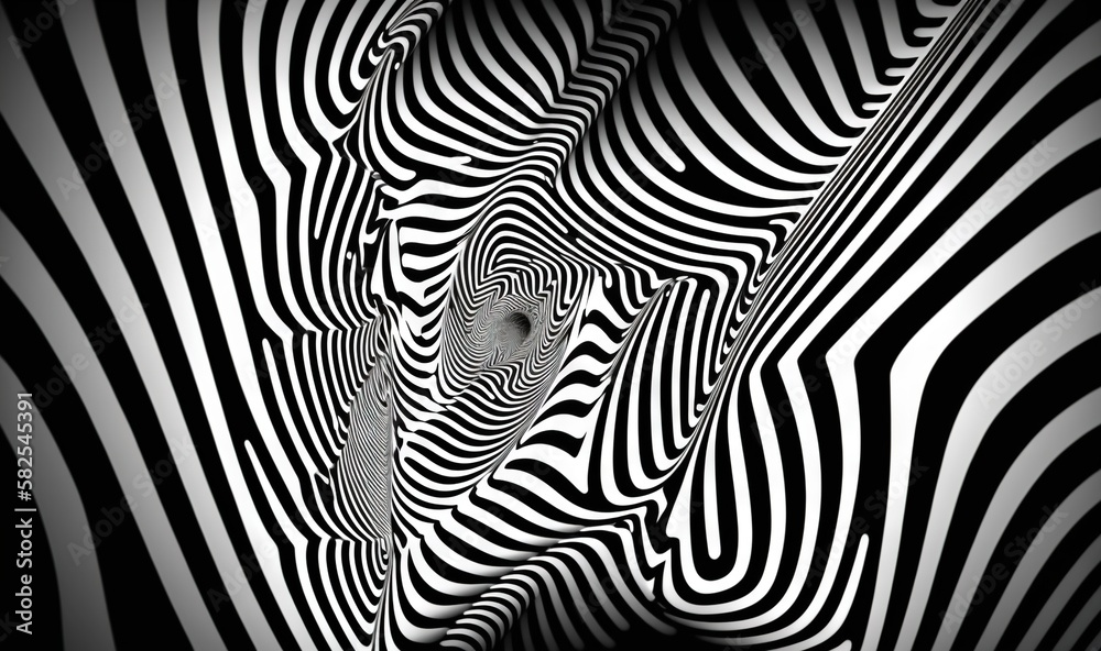  a black and white photo of a zebra's head in the center of a black and white striped pattern with a black and white background.  generative ai