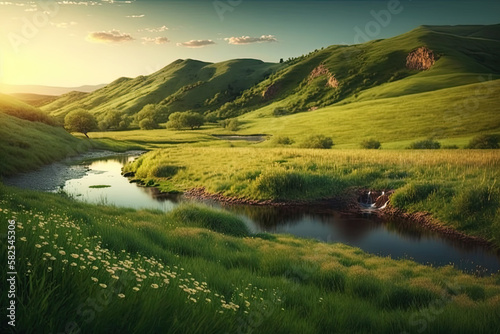  Beautiful natural spring summer landscape of meadow ,generative artificial intelligence