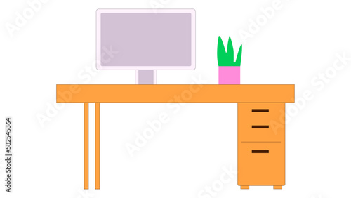 Isolated desk with a laptop and a plant on it.