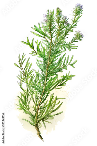 Rosemary plant over white background. Generative AI detailed illustration in watercolor style