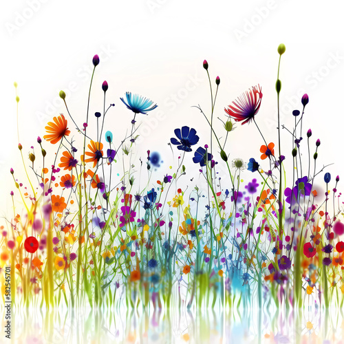 Bright flowers. Field of flowers, watercola. on a white background. Banner. Generated AI