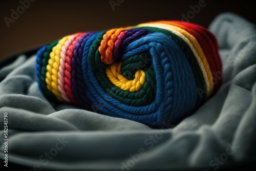 Element in the style of the LGBT rainbow flag crocheted. Background with selective focus. AI generated