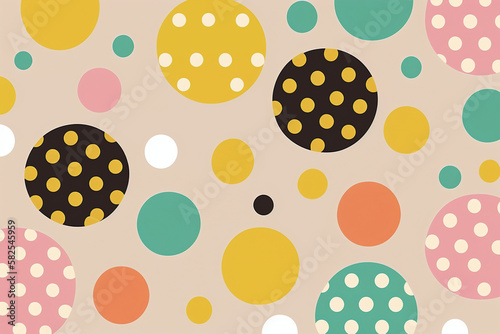 playful and whimsical pattern featuring a repeating motif of colorful circles and dots against a pale pink background. The style should be inspired by the playful, childlike designs of 1950s graphics, photo