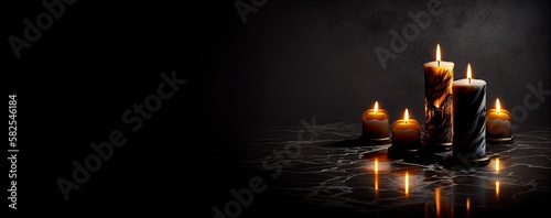Funeral Concept: Burning Candles on Floor with Space for Text. Generative AI.