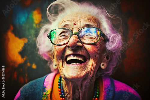 Portrait of a beautiful happy old woman laughing out loud. Colorful pop art style. Granny, grandma, older, senior. Concepts about the elderly. Generative ai.