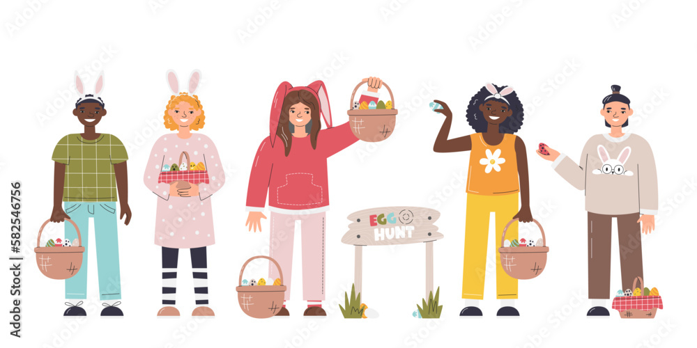 Fototapeta premium Diversity children playing egg hunt outdoors. Group of kids carrying full of eggs baskets. Easter family tradition. Characters with festive props. Religious holiday hand drawn flat vector illustration