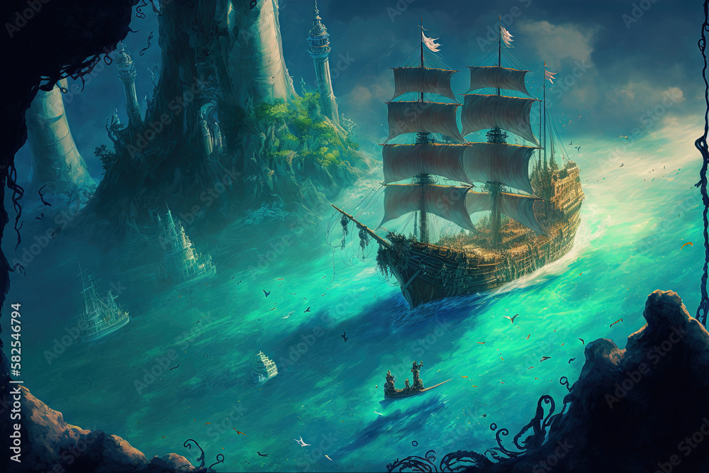 An Old Pirate Sailing Ship Approaching An Island. Generative AI Illustration