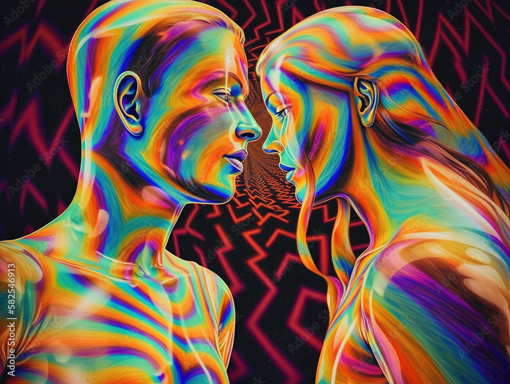 Psychedelic illustration of a kissing couple, psychedelic romance, generative AI