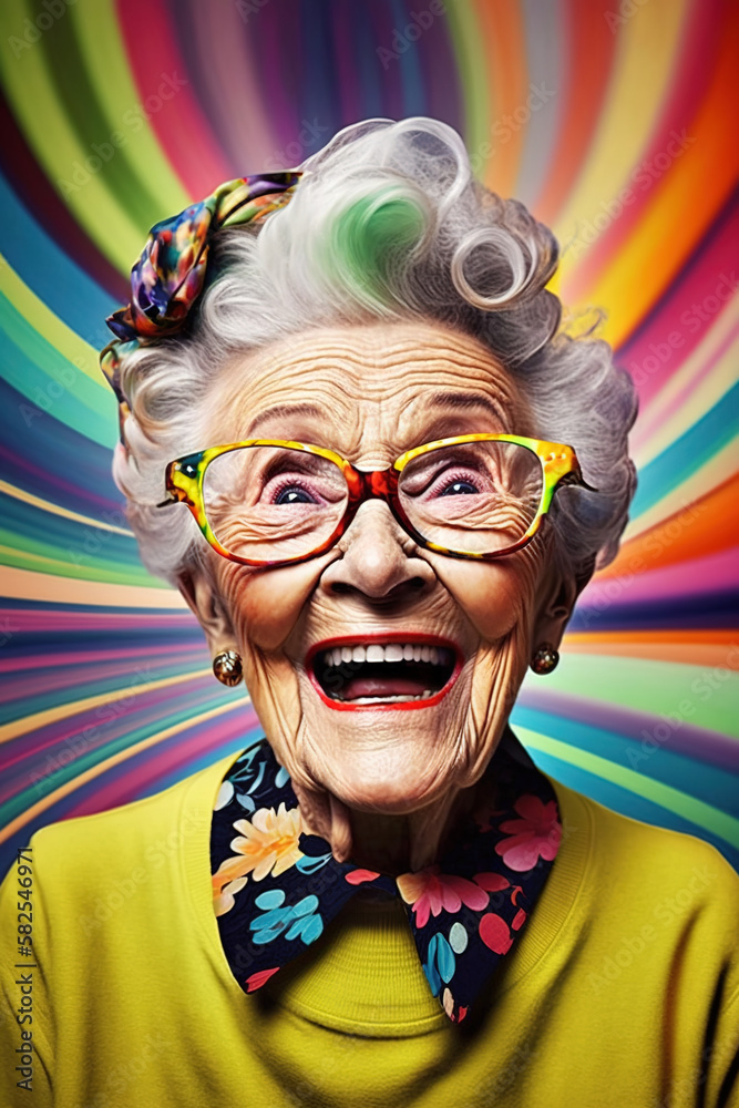 Portrait of a beautiful happy old woman laughing out loud. Colorful pop art style. Granny, grandma, older, senior. Concepts about the elderly. Generative ai. Portrait of a beautiful happy old woman laughing out loud. Colorful pop art style. Granny, grandma, older, senior. Concepts about the elderly. Generative ai.
