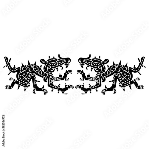 Symmetrical ethnic design with two fantastic monster animals. Cipactli. Aztec mythology. Native American design from Mexican codex. Black and white silhouette.