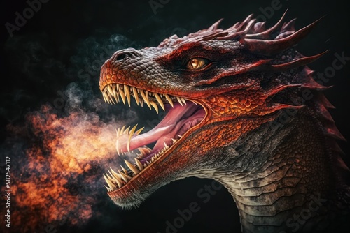 Chinese fire-breathing Dragon, selective focus. AI generated, human enhanced