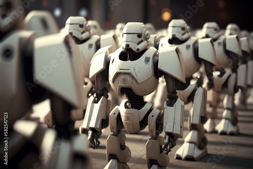 Army of white modern robots, selective focus. AI generated, human enhanced.