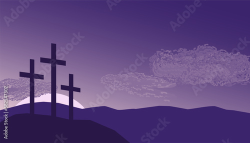 Crosses on faith hill religion holiday vector background. Lenten season Christian symbol. Sacrament biblical church cross. Catholic bible Holy week design element. Religion sign template illustration