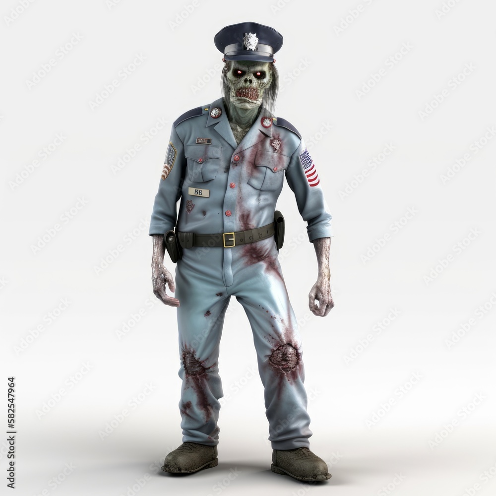 Zombie Policeman: Undead Officer in USA Uniform on White Background, Generative AI