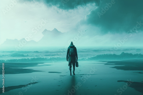 the dusty endless radioactive glacial sea, loneliness in the morning light, misty superb quality lonely beach worker tropicalpunk, Generative IA photo