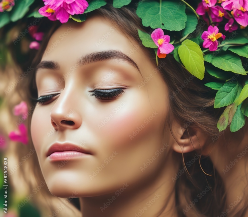 Beautiful face of girl woman surrounded by nature. Pink flowers, green leaves. concept of environment, nature, think green, world ecology, save the world.
generative AI